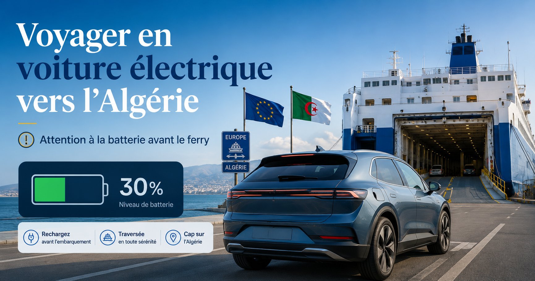 Voiture électrique embarquant sur un ferry vers l’Algérie avec une alerte sur la limite de batterie à 30 %