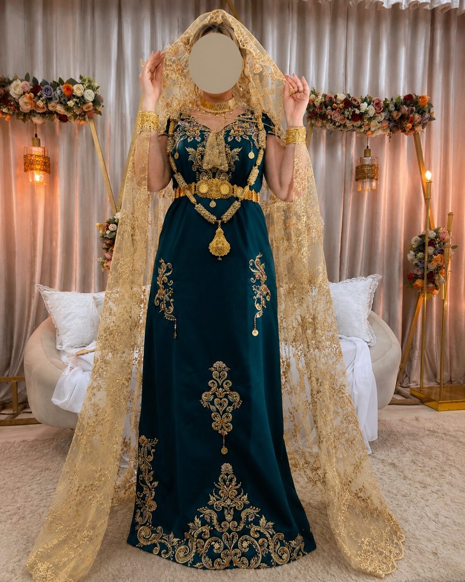 Robe kabyle vert canard, broderie or